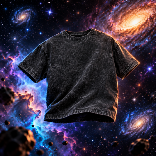 Black t-shirt with a colorful logo on the back against a white background